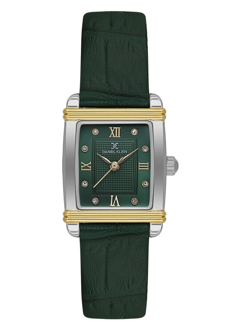 دانيل كلاين ساعة نسائية سوار جلد | هيكل من سبيكة فضي ذهبي | تناظري | قرص أخضر مربع منقوش | كوارتز ياباني | فاخر | مقاومة للماء حتى عمق 30 مترًا - Image 1